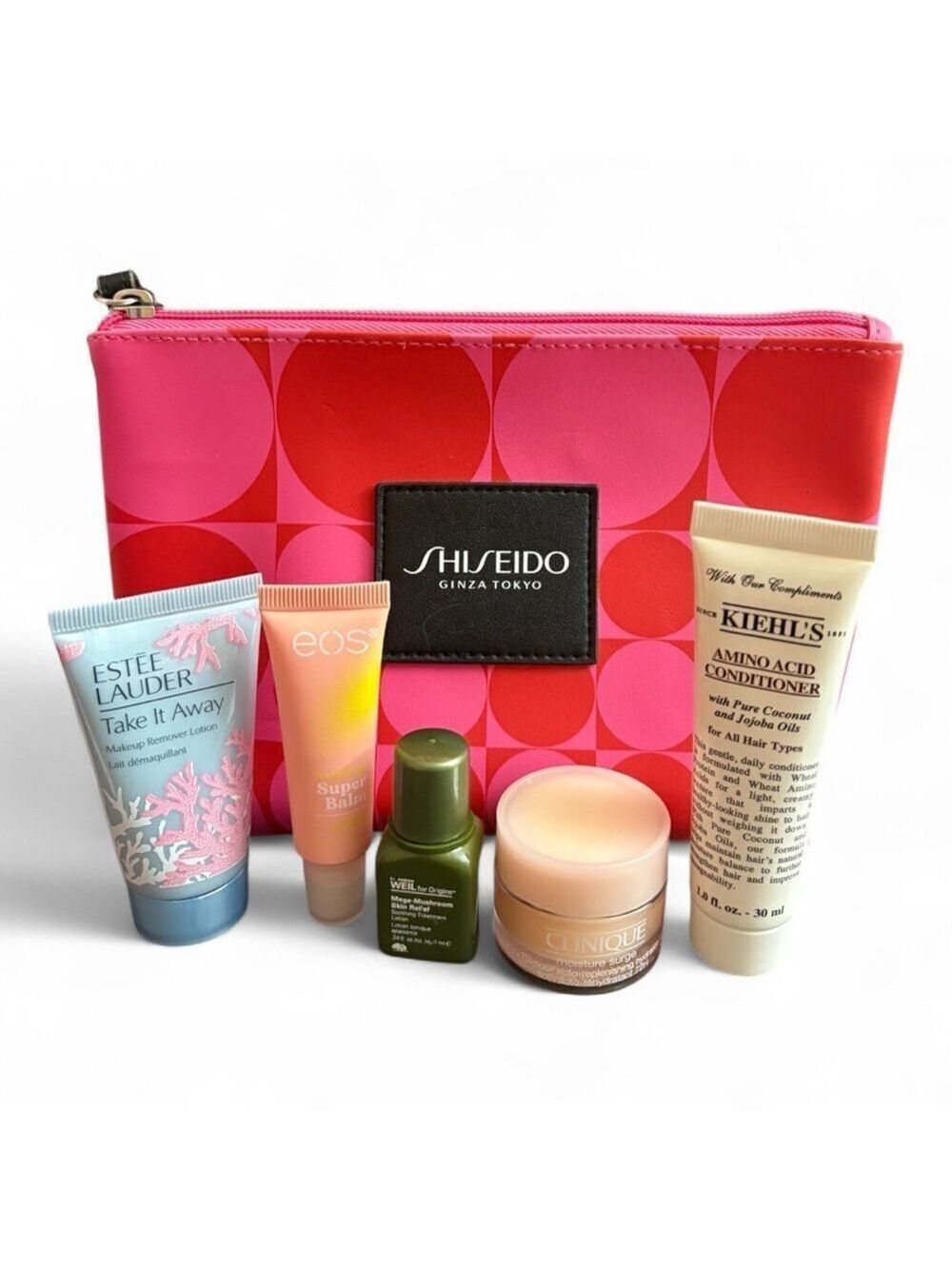 Shiseido Pink Cosmetic Bag with Skincare and Haircare Minis
